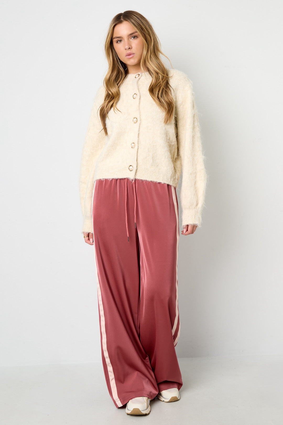 Satijnen broek met strepen - watermelon red