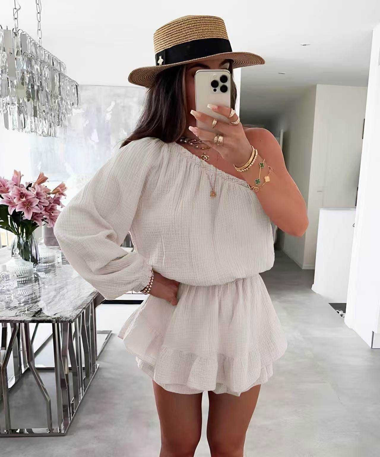 One shoulder playsuit - beige