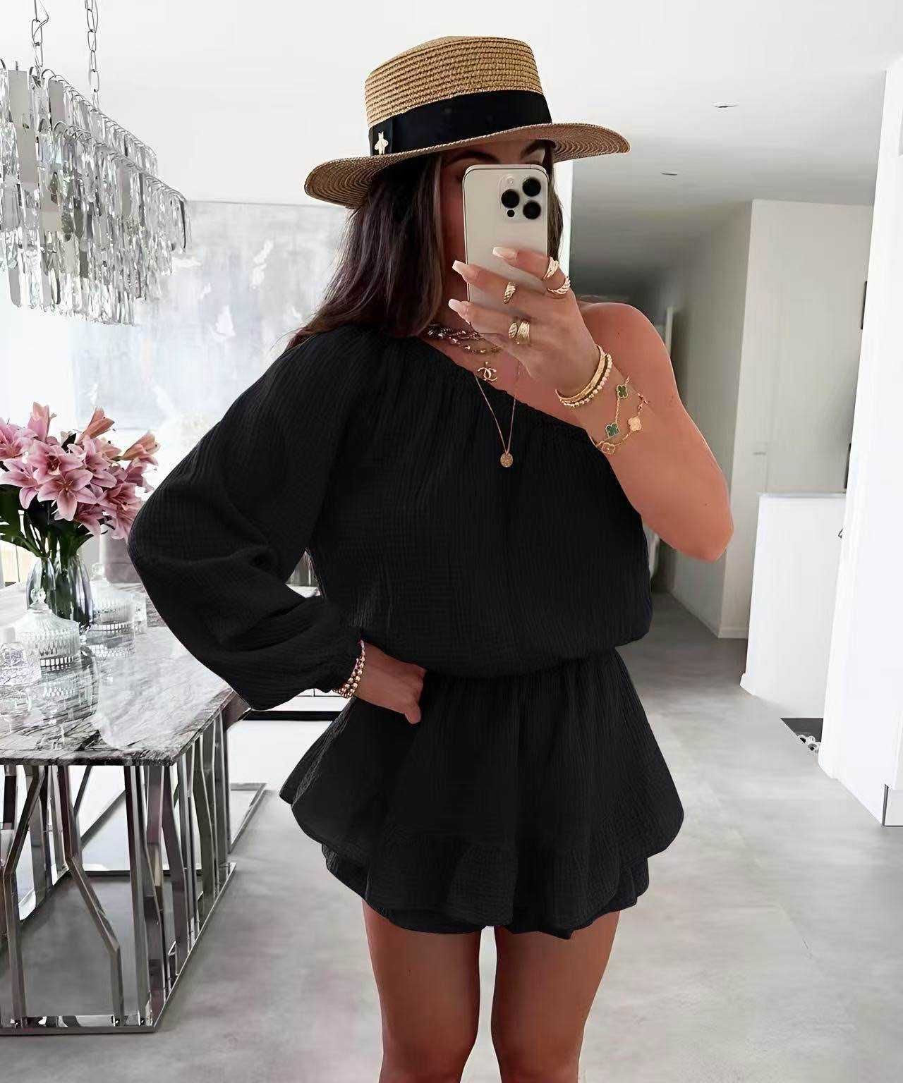 One shoulder playsuit - zwart