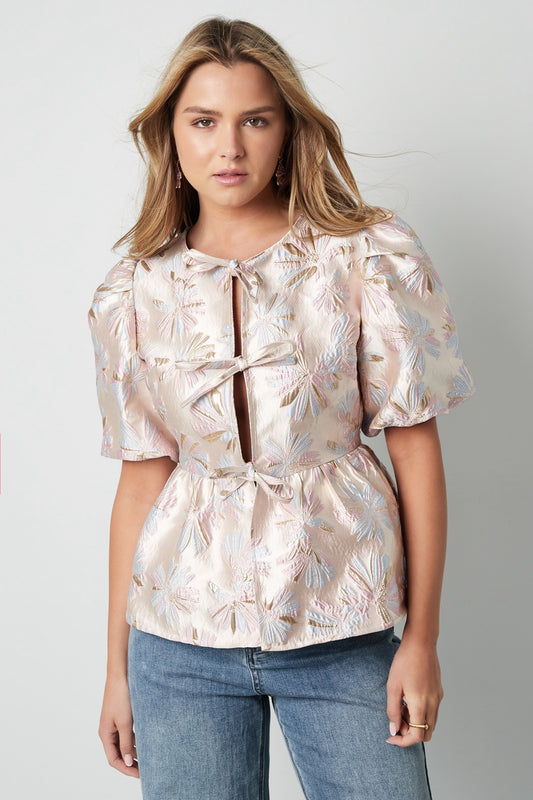 Top korte mouw met bloemenprint - champagne