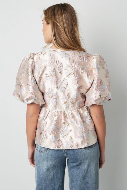 Top korte mouw met bloemenprint - champagne