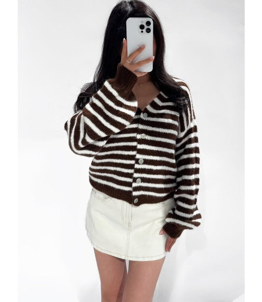 Kitty stripe cardigan - brown/white