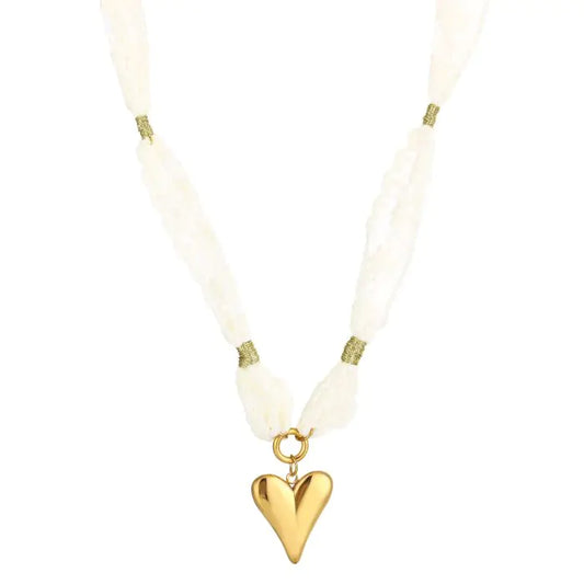 Natuur stenen stof ketting - wit goud