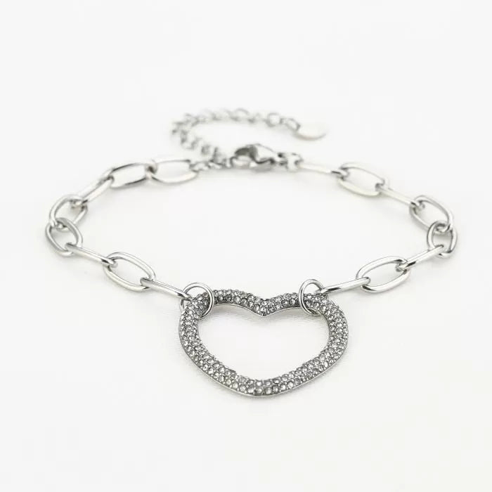 Strass met hart armband - zilver